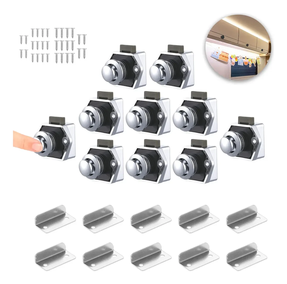 Kit 10 Travas Push Cromadas para Armários de Motorhome, Van e Trailer