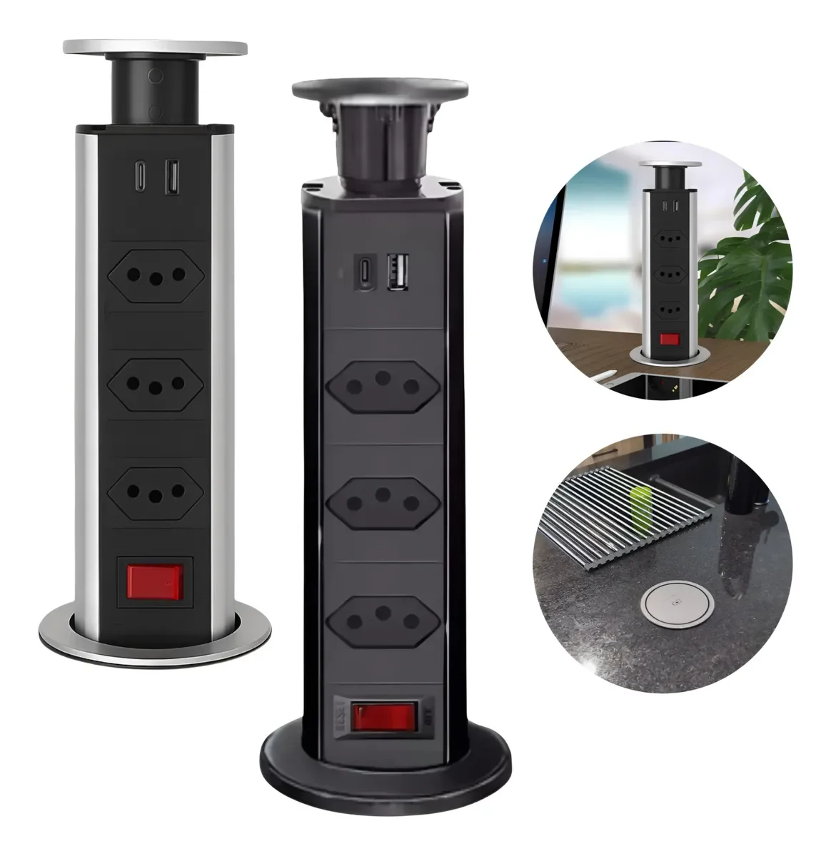 Torre de Tomadas Retrátil com USB e Tipo-C – Organização Elétrica para Vanlife