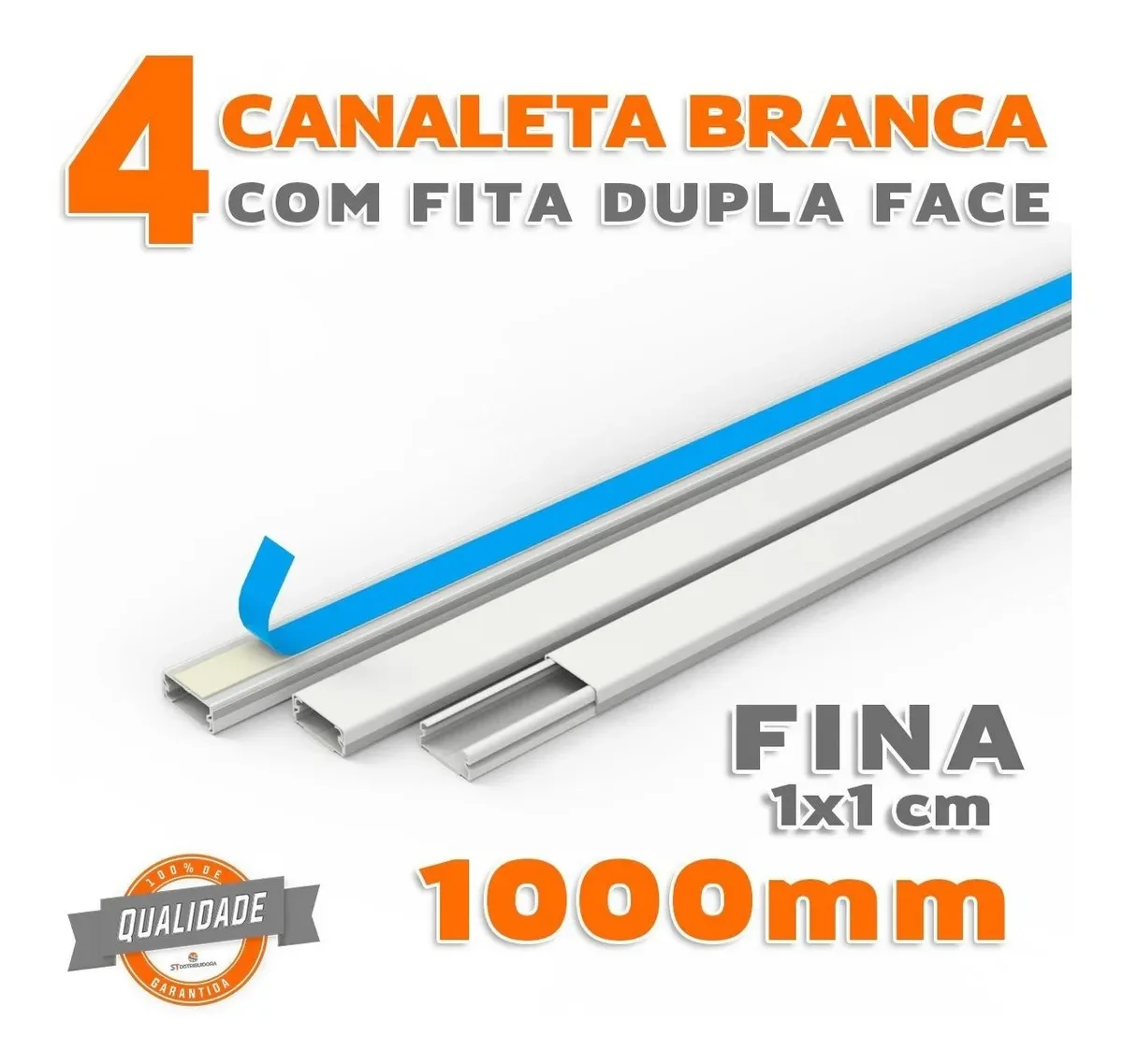 Canaleta Fina de PVC Branco 1x1cm com Fita Dupla Face – Kit 4 Metros